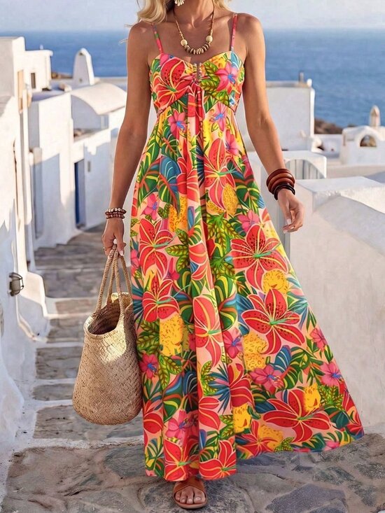 Dresses & Skirts - Multicolor Boho Women's High Waist Spaghetti Strap Tropical Print Maxi Dress